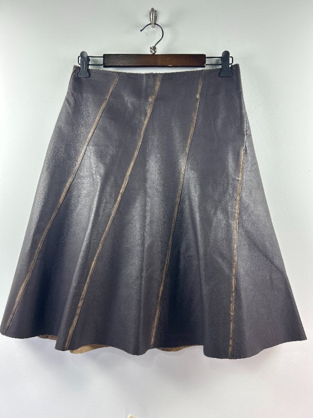 Vintage 100% Genuine Leather Panel Skirt with Distressed Diagonal Seams, Size 4